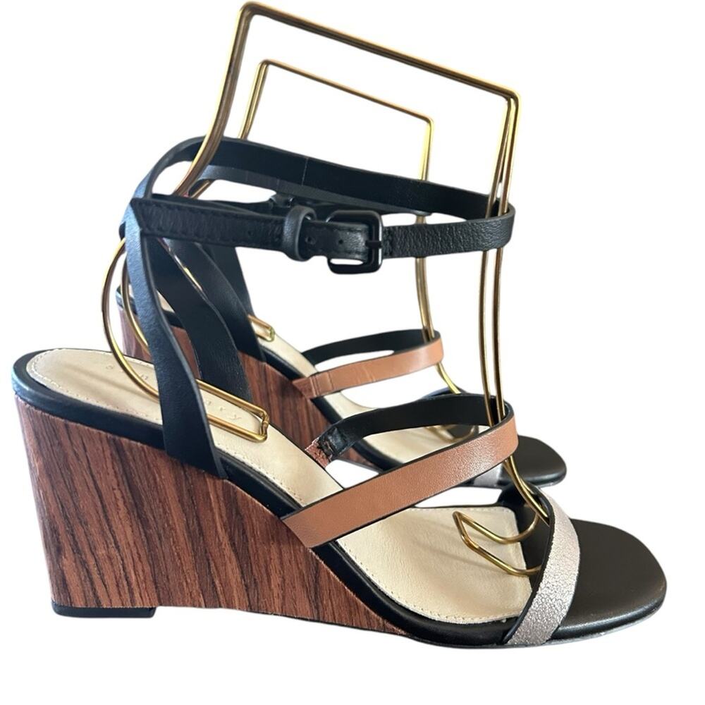 Sanctuary Wink Leather Ankle Strap Wood Grain Wedge Sandals NEW 10